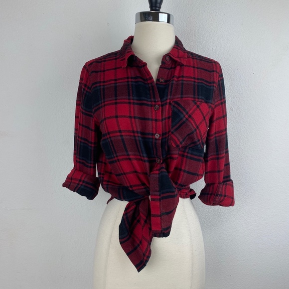 Pink Rose Red Flannel Plaid Shirt Boho Country Casual Long Sleeves Size Small - Picture 8 of 9